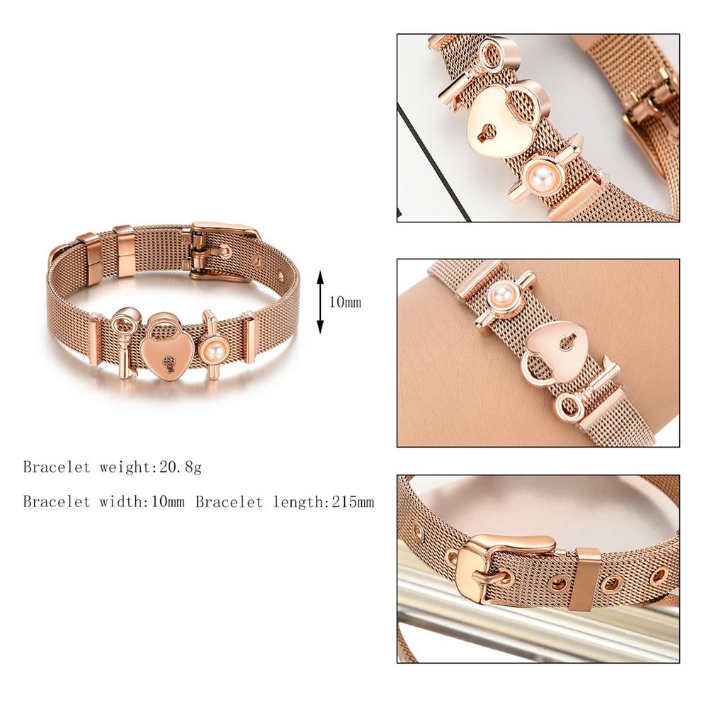Stainless Steel Mesh Bracelet Women Adjustable Pink Buckle Slide Charms Bangle (D)