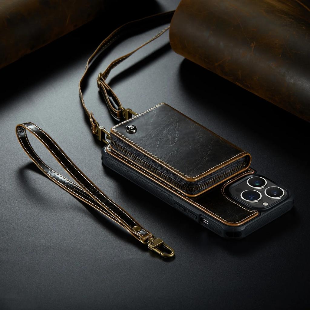 Zipper Leather Wallet Phone Case For iPhone 16 Pro Max 14Plus 14 15 13 12 11 Cards Holder Solt Stand Hand Strap Back Cover Coque