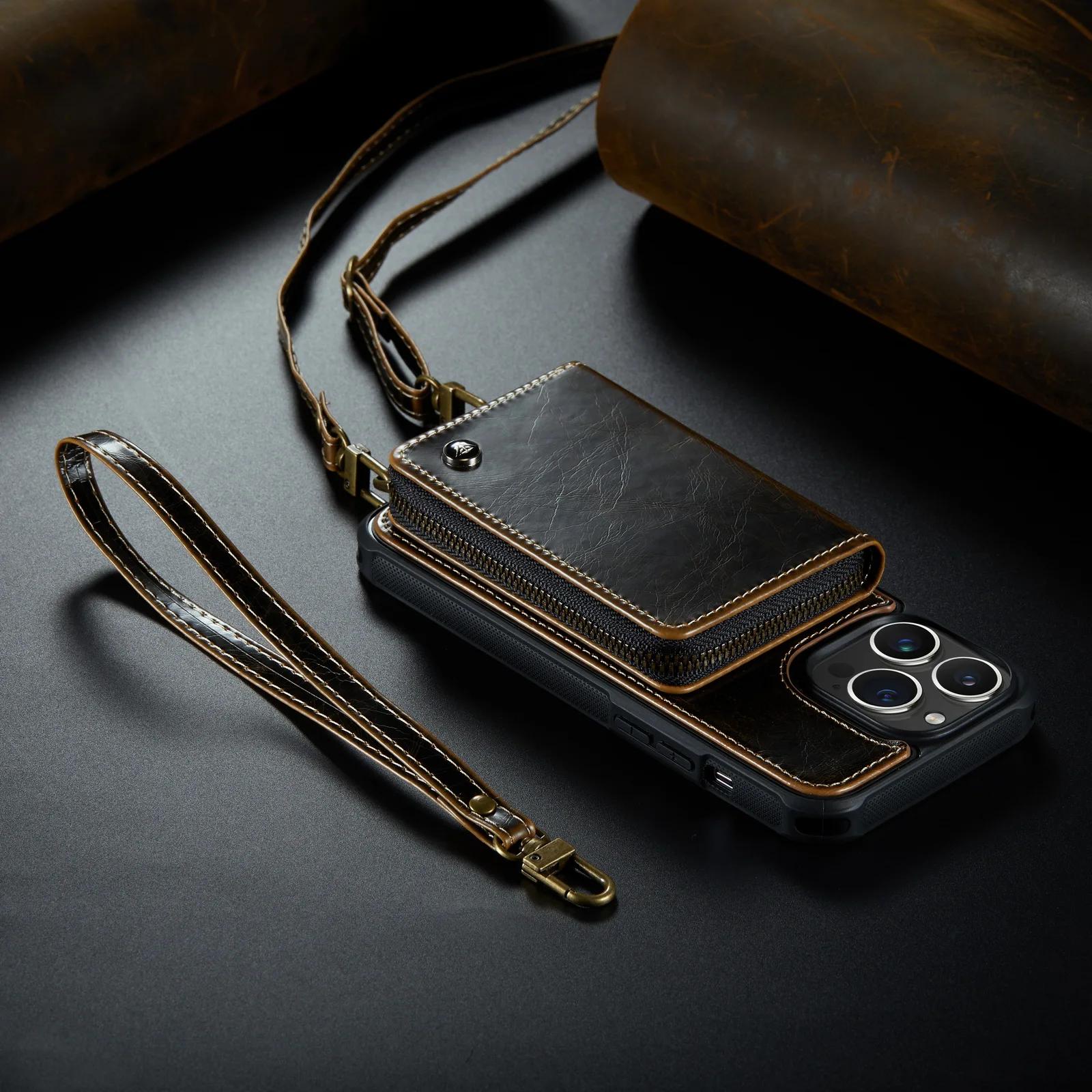 

Zipper Leather Wallet Phone Case For iPhone 16 Pro Max 14Plus 14 15 13 12 11 Cards Holder Solt Stand Hand Strap Back Cover Coque For iPhone 16Plus кавовий