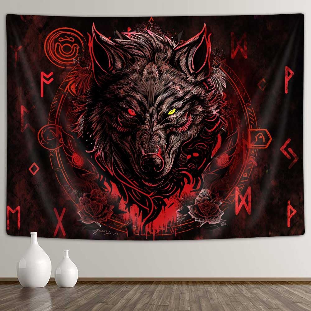 Viking Wolf Tapestry, Norse Mythology Runes Ancient Red Tapestries, Meditation Medieval Mystery Animals Ancient Art Tapestry for