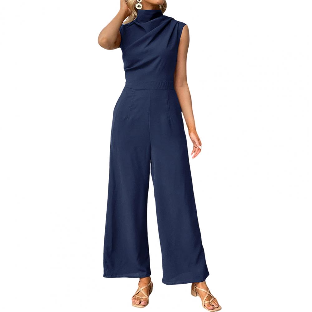 

Женский летний комбинезон с воротником до половины, без рукавов, с широкими штанинами, плиссированный, чистый цвет, повседневная одежда, длинный комбинезон XL темно-синий