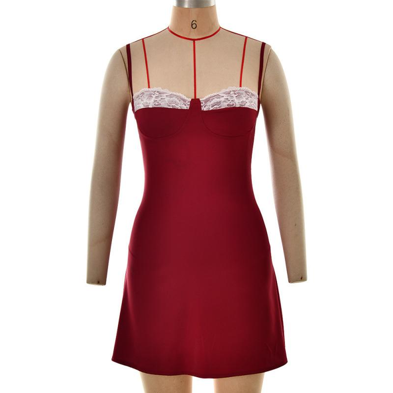 European and American women's clothing high-end satin low-cut backless lace stitching sexy hottie high-waisted suspender dress