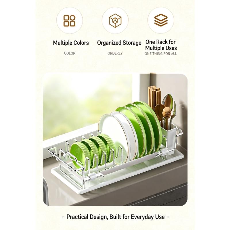 Extendable Kitchen Dish Rack with Plate Separators, Wine Glass Rail, Cutlery Cup, and Removable Water Tray