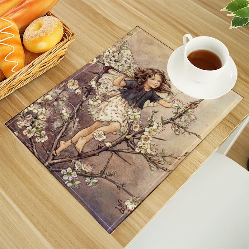 The Fairies Of The Winter Print Linen Dining Table Mats Alphabet Kitchen Placemat 30X45cm Coasters Pads Bowl Cup Mat
