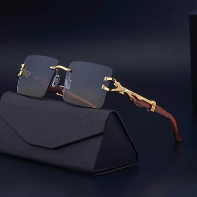 Gafas de Sol Vintage Sin Marco Personalidad Masculina Patillas con Patrón de Madera Leopardo Gafas Cuadradas Tonos de Moda para Mujer