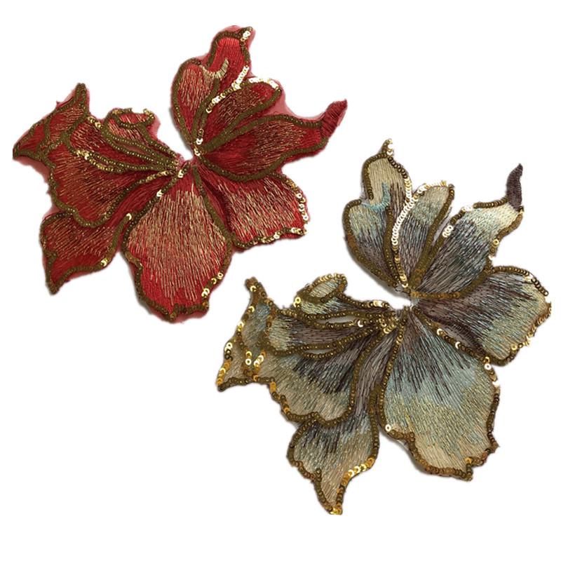 Large Red Gold Sequin Flower Embroidered Lace Patch for Clothing, Dresses, and DIY Decorations