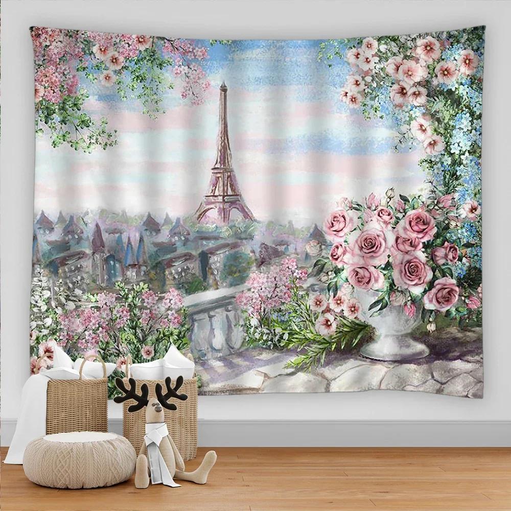 Paris Tapestry Backdrop  Wall Art Eiffel Tower Photo Banner Background European City Landscape Pink  Hanging Decor