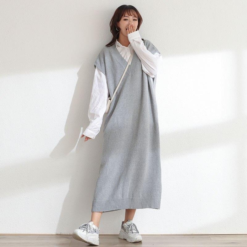 DIMANAF Dames Trui Jurk Winter Herfst Oversize Nieuw Breien Mouwloos Vest V-hals Vrouwelijk Basic Effen Losse Trui