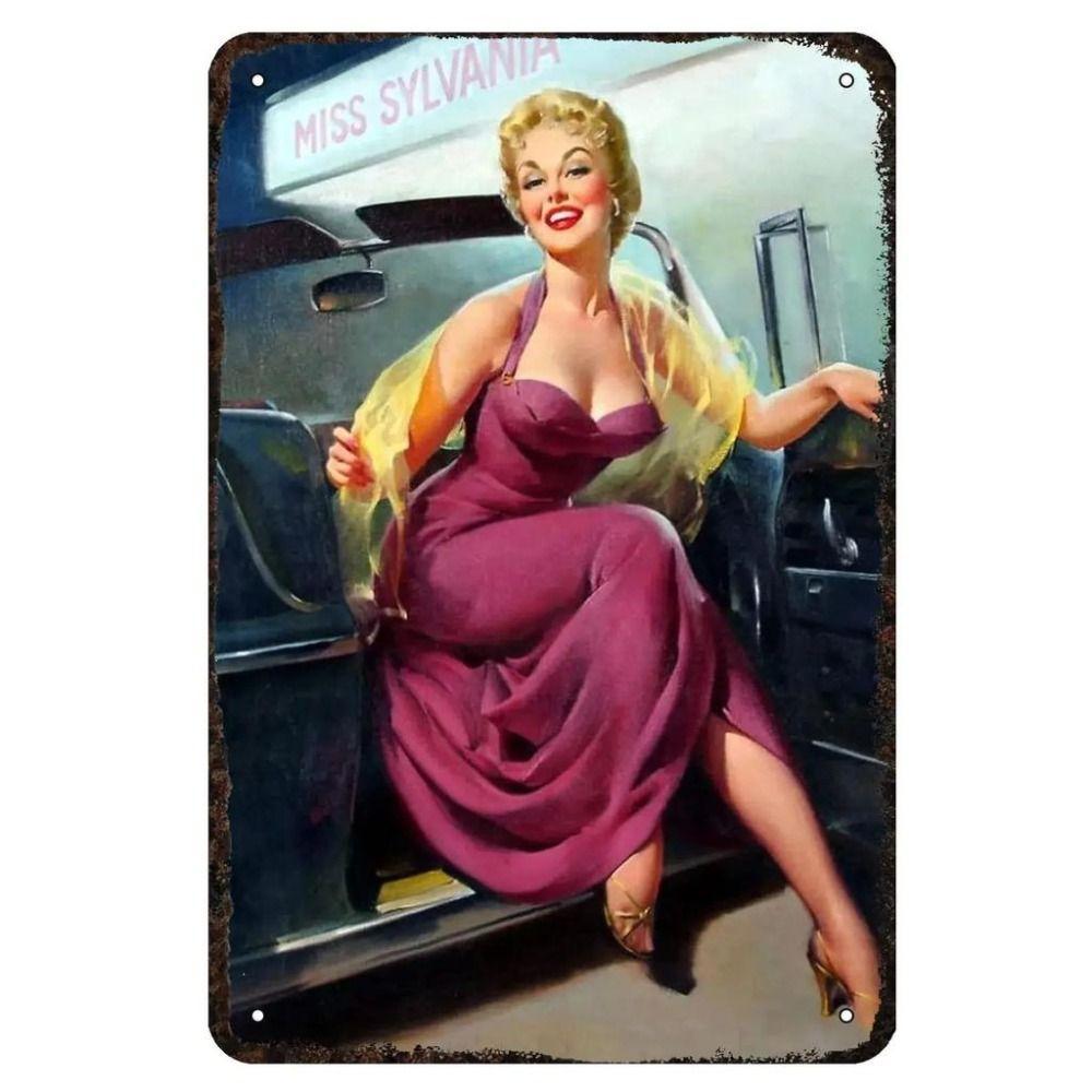 Retro Pinup Girls Classic Cars Metal Sign Wall Decor Garage Bar