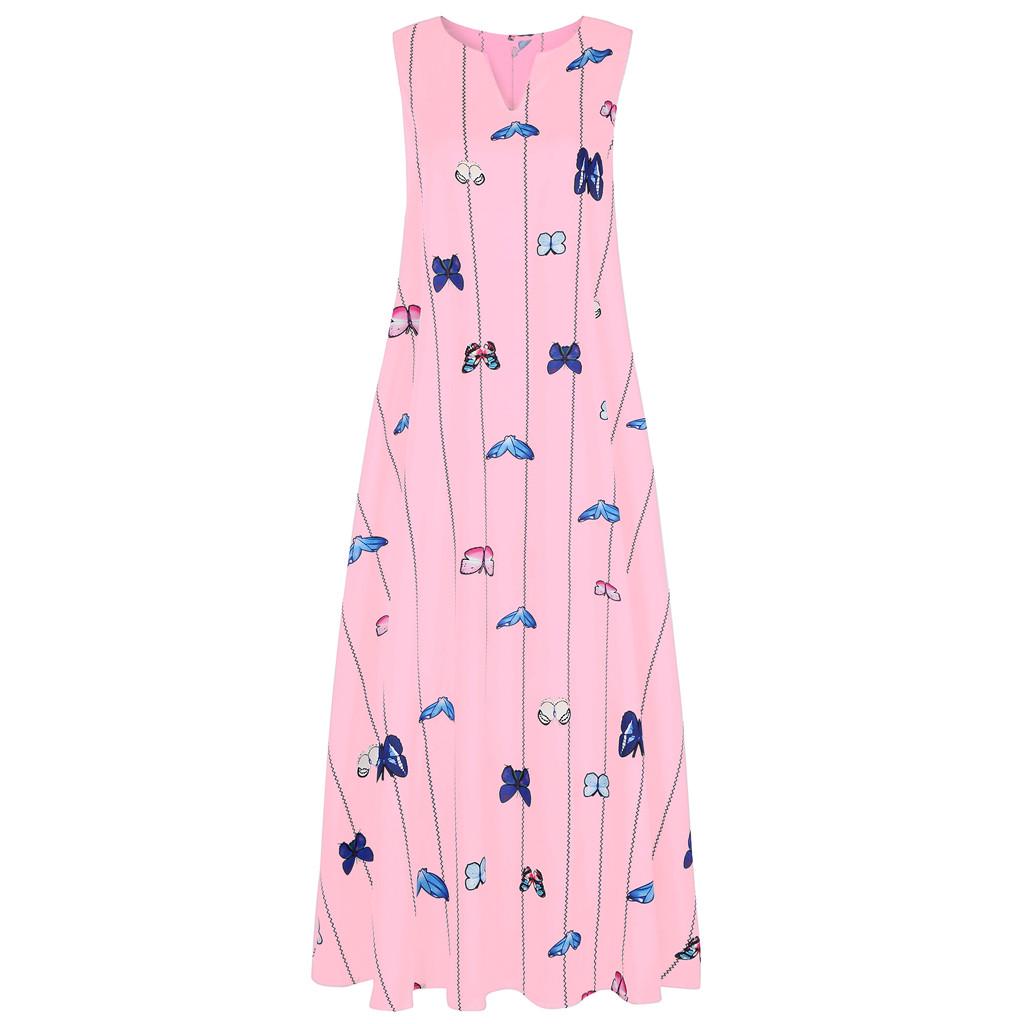 Women Vintage Daily Casual Sleeveless Striped Butterfly Printed  Summer Dress