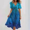 Blue Green Floral Print V-Neck Asymmetrical Hem Summer Dress with Short Sleeves