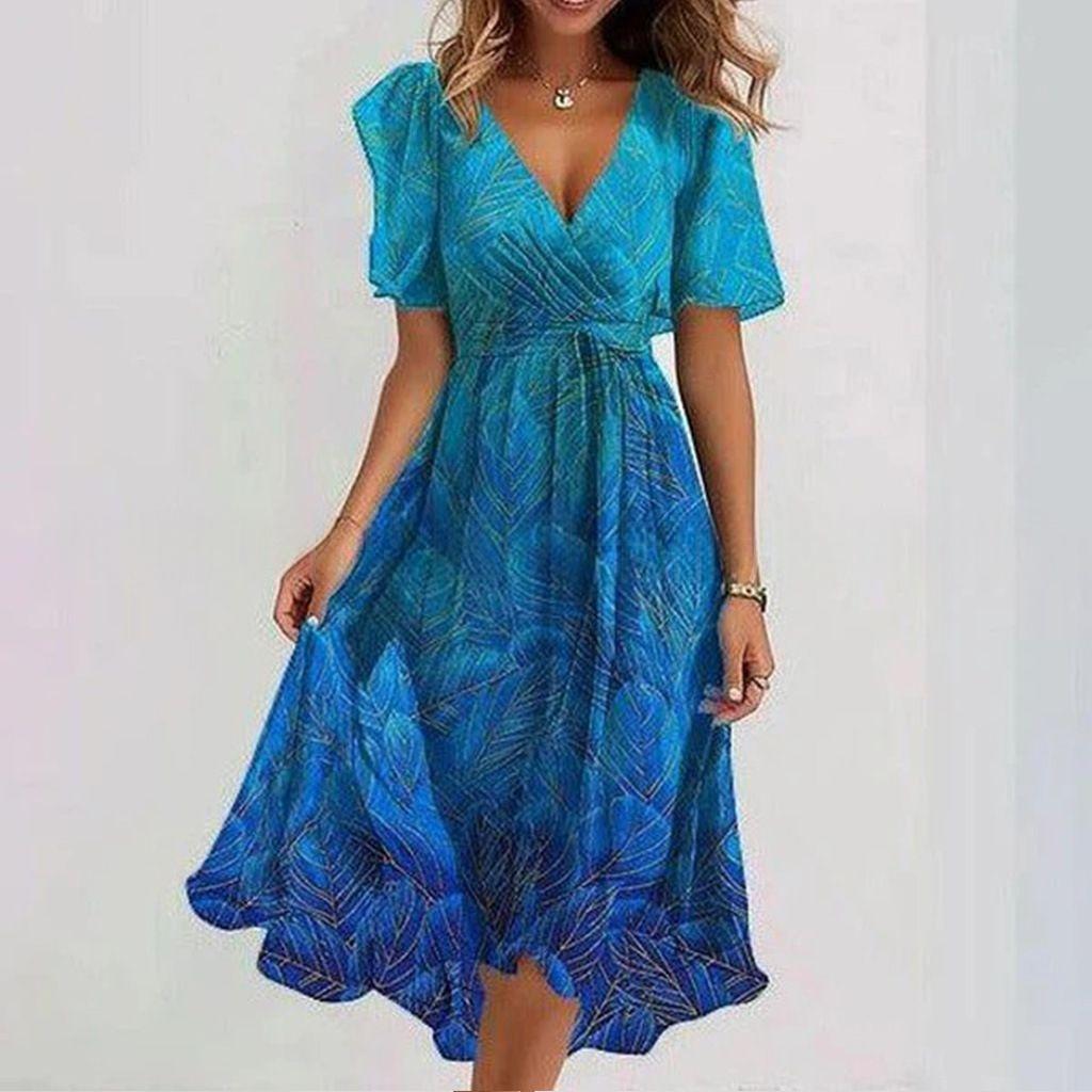 Blue Green Floral Print V-Neck Asymmetrical Hem Summer Dress with Short Sleeves