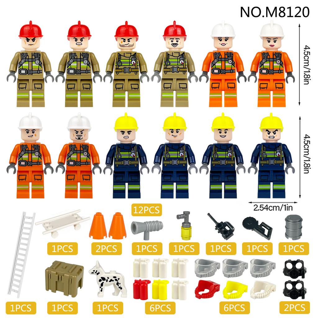 12PCS Urban Series Fire Rescue Firefighter Figurine Building Blocks Toys