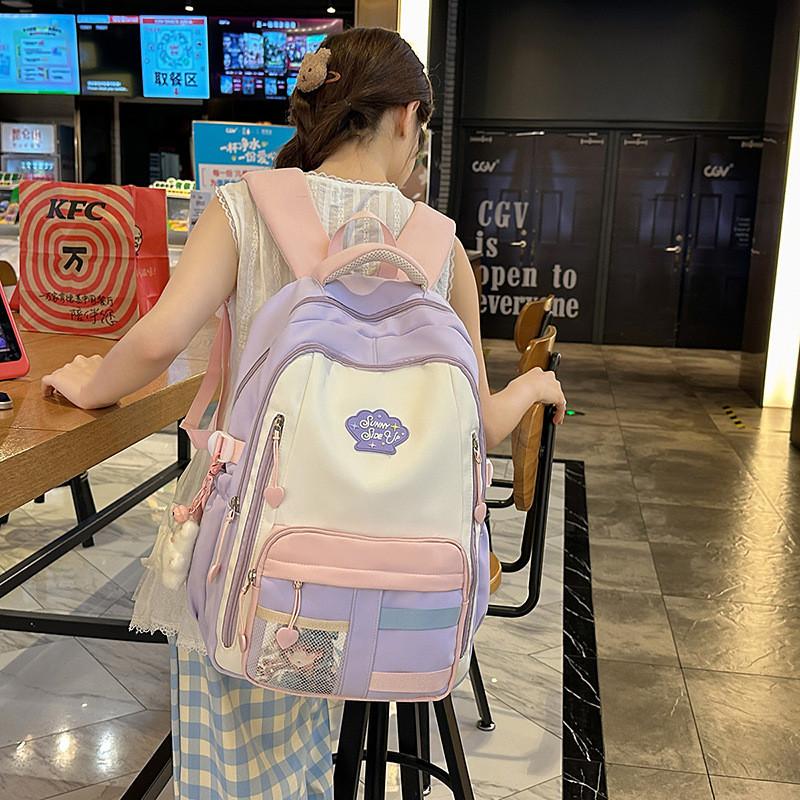 Blocked Cute Color Large Capacity Student Backpack With Pendant For Teens