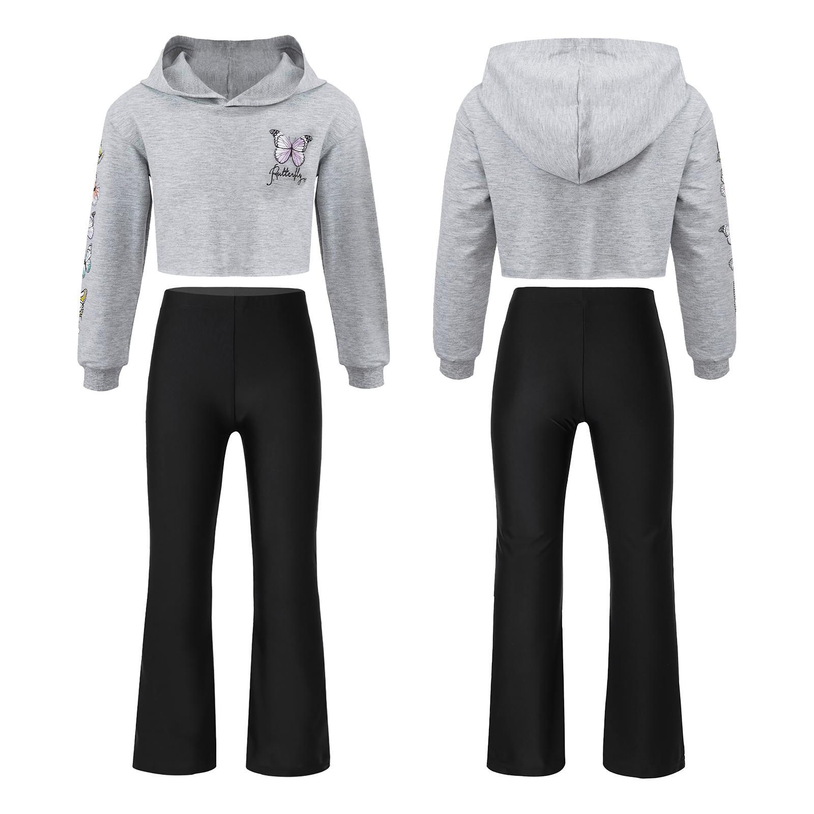 

Дитячий стильний комплект одягу для дівчаток, укорочений топ з довгим рукавом і довгими штанцями на еластичному поясі 7-8 Years сірий