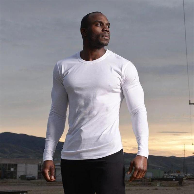 

Muscleguys Autunm Running T-shirts Mens Cotton Long Sleeve Gym Clothing Slim Fit Sports T Shirts Male Bodybuilding Shirts Fitness Tees Tops M чорний