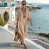Summer Fashion Casual Hot Sale Solid Color Pocket V-neck Loose Imitation Linen Cotton Dress Women's Clothing