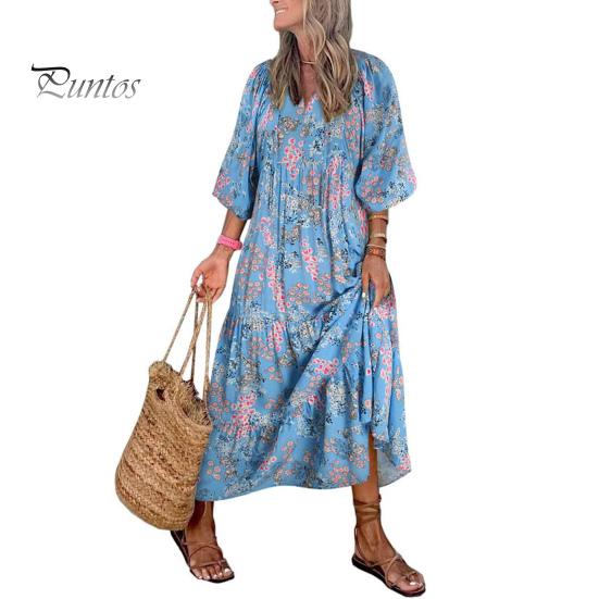 Damen Herbstkleid Puffärmel V-Ausschnitt Bedruckt A-Linie Locker Knöchellang Patchwork Böhmisches Strand Maxikleid Alltagskleidung Langes Kleid