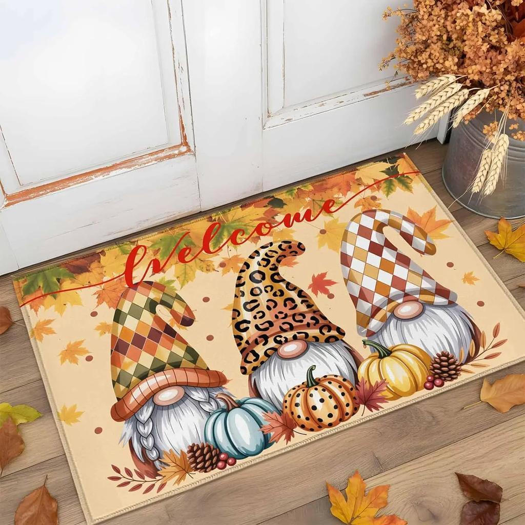 Thanksgiving Gnome Welcome Mat, Autumn Pumpkin Design Non-Slip Indoor/Outdoor Doormat, Bedroom Entrance Rug, Home Decor
