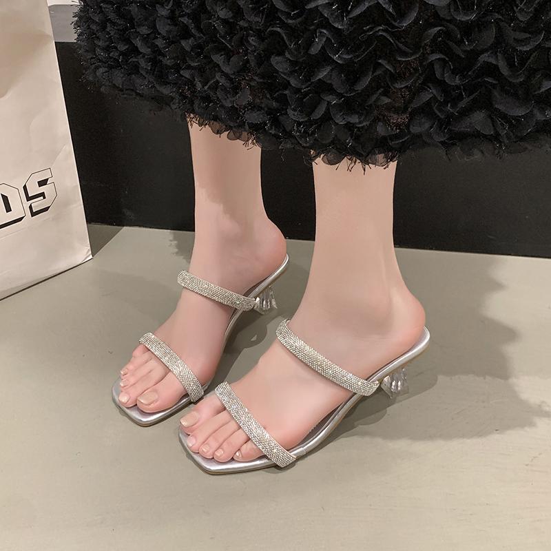 Women's Square Toe Outside Open Toe Stiletto Flip Flops Summer Rhinestone Anti-Slip Wear-Resistant High Heels