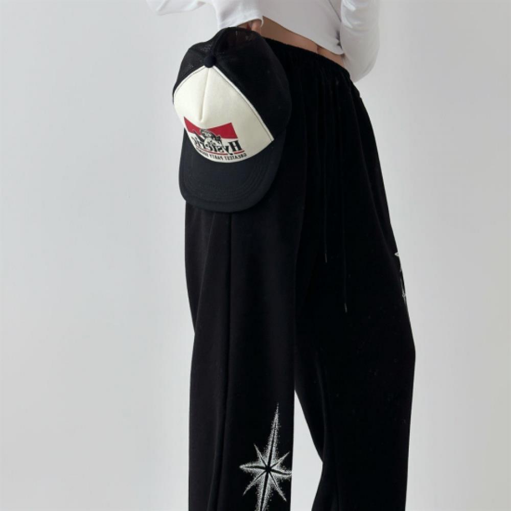 Open Run Balloon Sweatpants Star Shaped Waist Tie Wide Fit