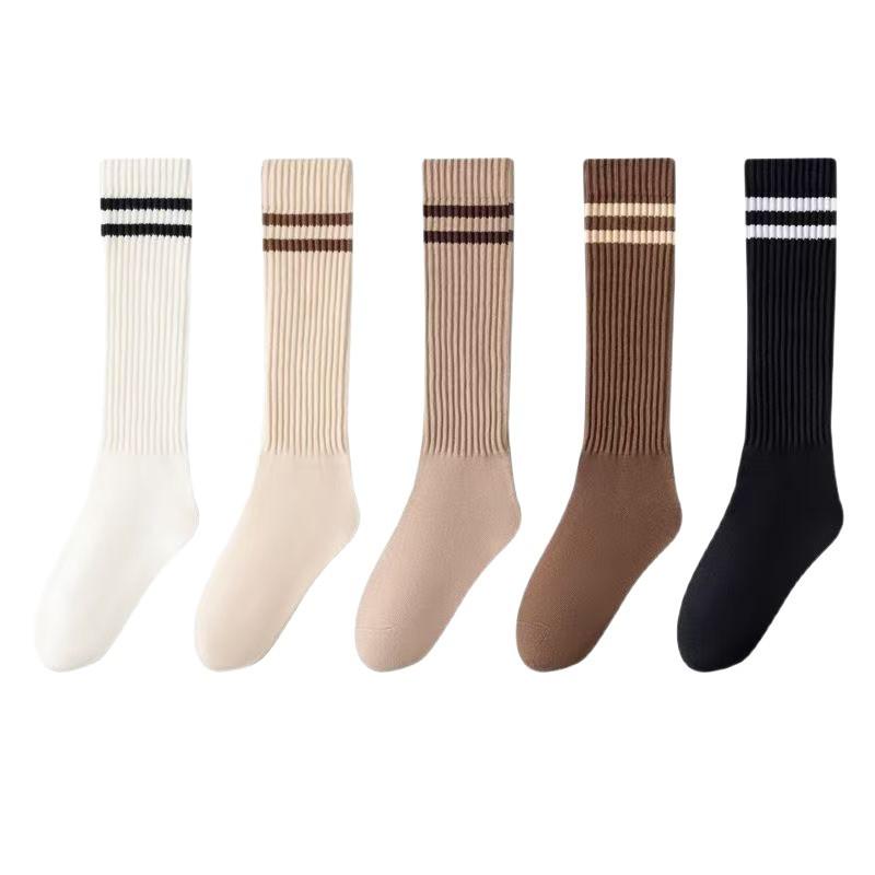 Calf Socks Women's Half-leg Long Socks Trendy School Style Solid Color Two-bar Simple and Versatile High Socks Cotton Pile Socks