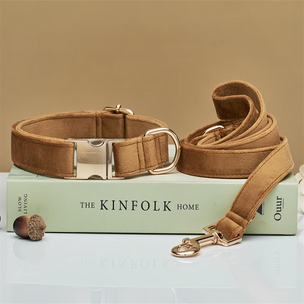 Ensemble collier et laisse pour chien en velours gravé avec boucle métallique réglable