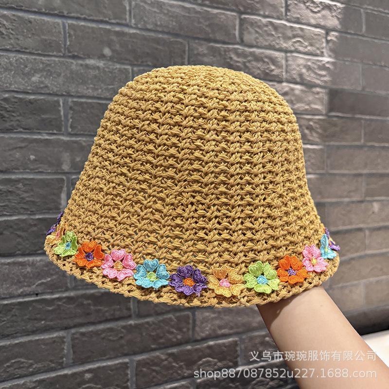 New hand-woven color small flower bucket hat women's fashion face small sunshade bucket hat sunscreen basin hat