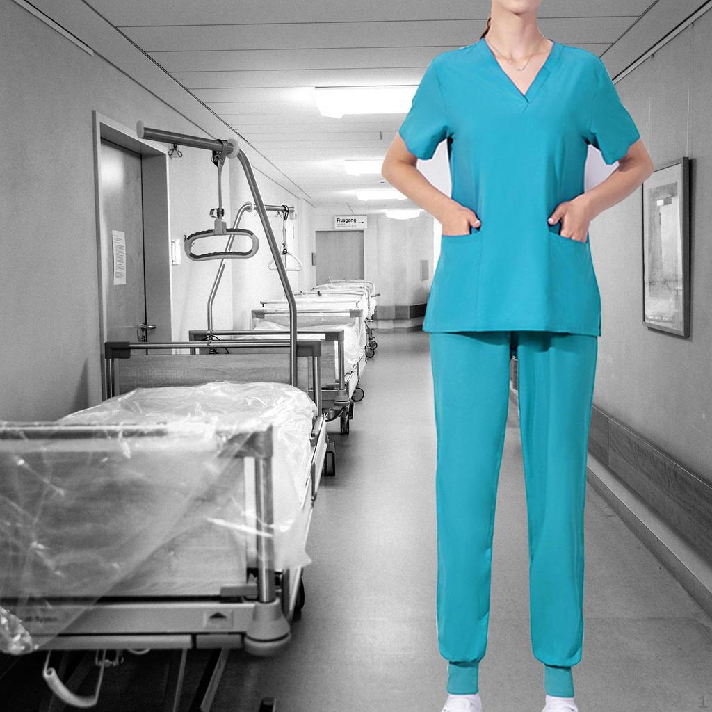 Einheitliches Scrub-Set Oberteil und Hose Bequem Maschinenwaschbar Stretch Unisex Kurzarm Multi