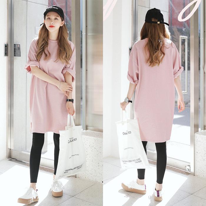 South Korea Spring and Summer New Solid Color Loose T-shirt Women's Large Size Medium and Long Short-sleeved T-shirt Skirt Top Female Student