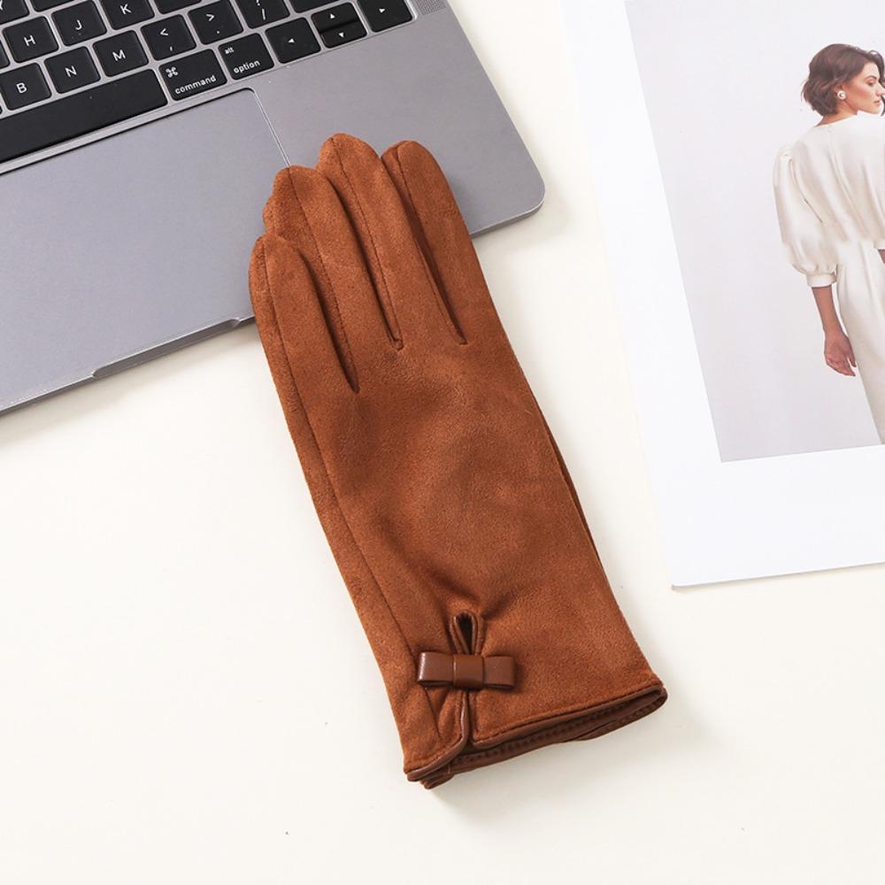 Velvet Winter Bow Suede Gloves Soft Women Cycling Mittens Cute Pu Leather Gloves  Outdoor