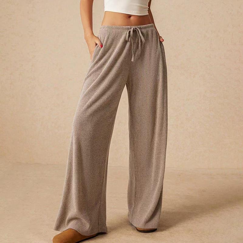 Women Comfortable Casual Drapery Bandage High-Waisted Solid Color Loose Fit Wide Leg Pants