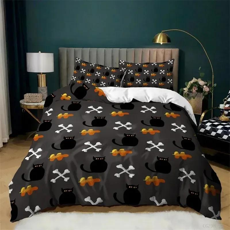Cartoon Pumpkin Duvet Cover Gothic Halloween Skull Bedding Set Polyester Lantern Ghost Comforter Cover King For Boys Girls Decor