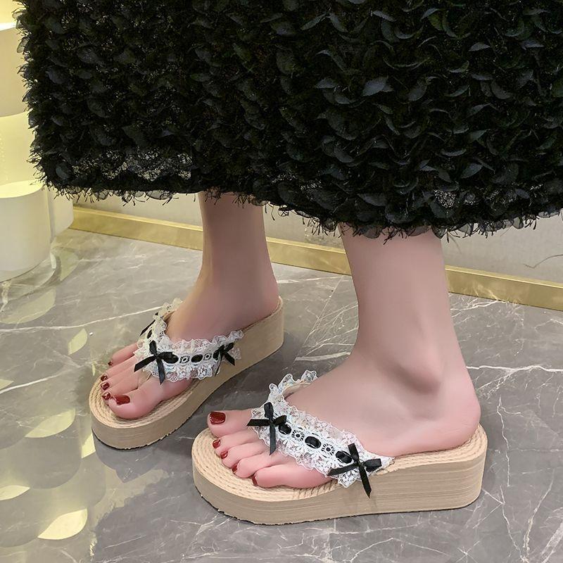 Thick-soled Bow Lace Edge Casual Slippers Women 2025 Summer Wear Versatile Flip-flops Vacation Beach Shoes Women