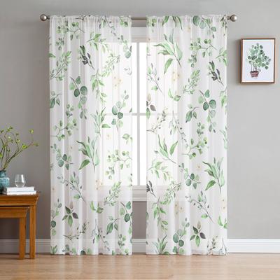 Watercolor Flowers Leaves Green Tulle Curtain Voile Transparent Tulle for Bedroom Living Room Kitchen Sheer Window Curtains