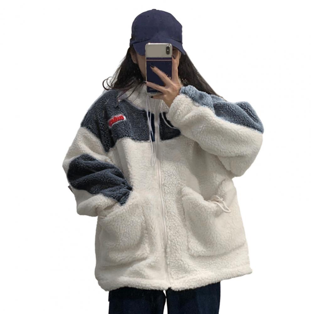 Women Winter Coat Colorbblock Thick Soft Plush Cold Resistant Patchwork Big Pockets Long Sleeve Drawstring Lady Outdoor Coat