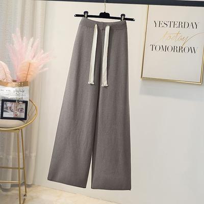 Pantaloni lunghi a gamba larga in maglia casual a vita alta da donna, autunno e inverno