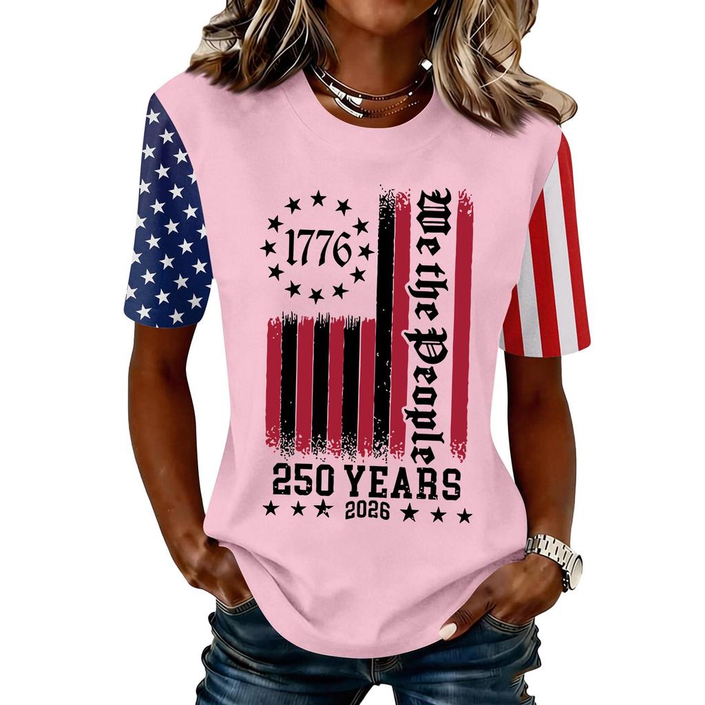 Blusa Feminina da Moda Casual de Manga Curta com Estampa e Gola Redonda