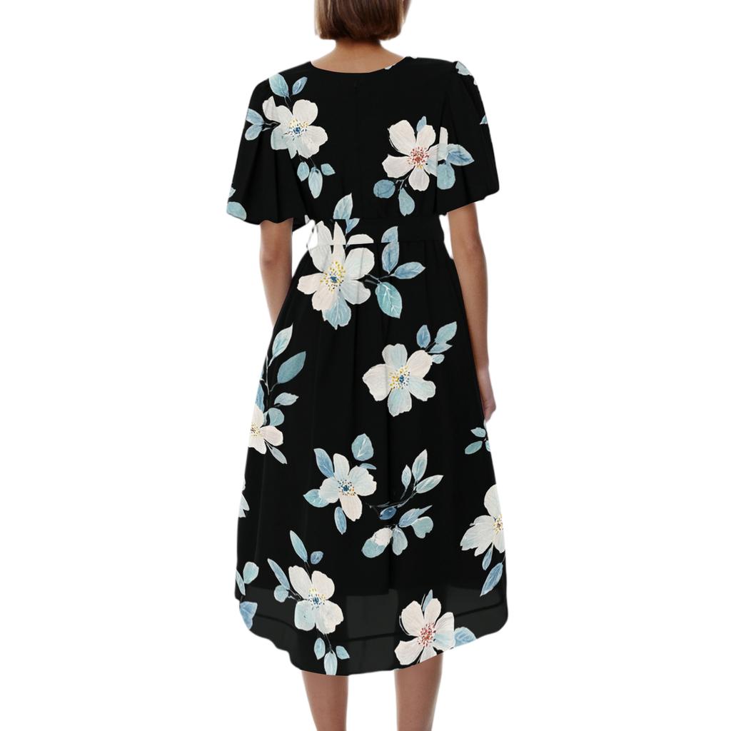 Women V Neck Short Sleeve Floral Print Dress Casual Loose Fit Summer Midi Dress Lightweight Flowing Elegant Style