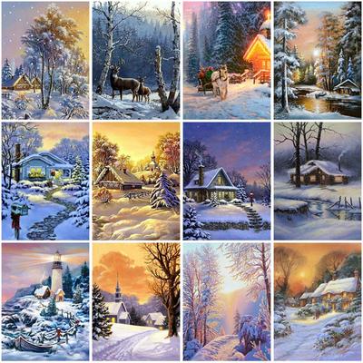 Pittura diamante 5D fai da te Paesaggio invernale con neve Immagine di strass Paesaggio rotondo Diamante Ricamo Mosaico Decorazione della casa Regali