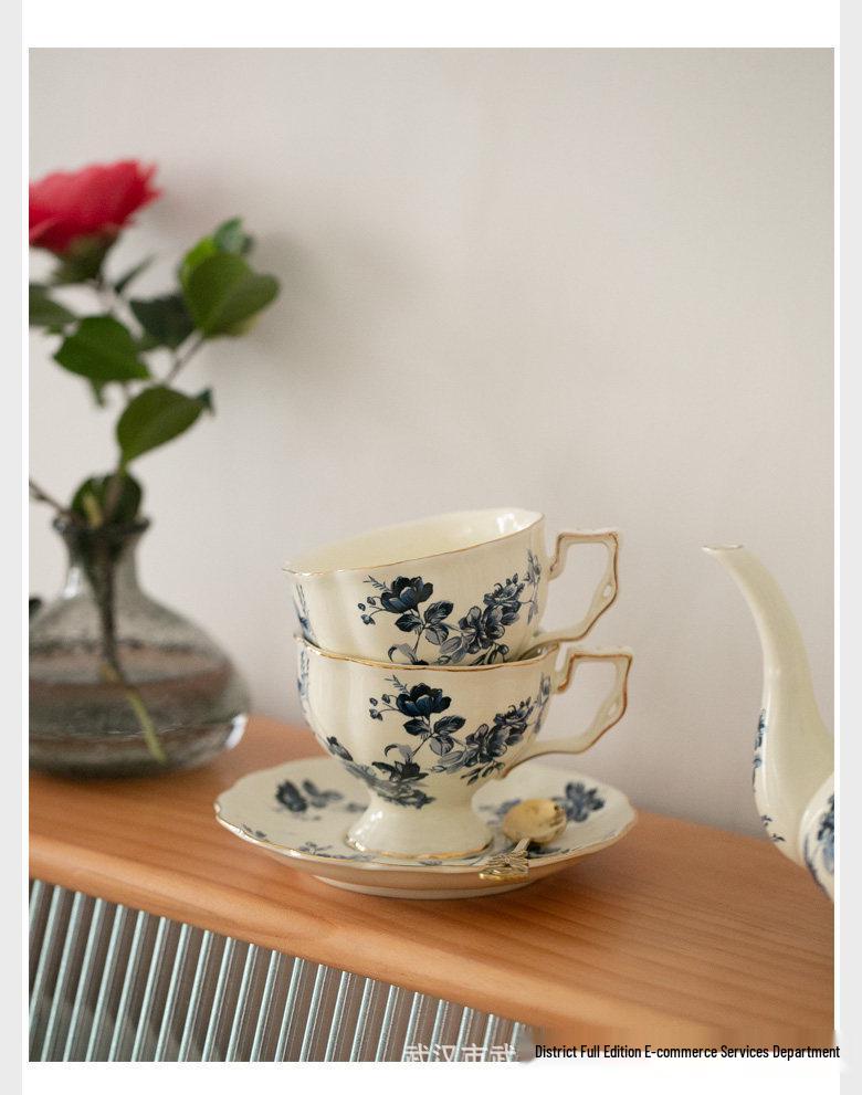 French Retro Blue & White Ceramic Tea Set: Cup, Saucer, Teapot for Elegant Afternoon Tea