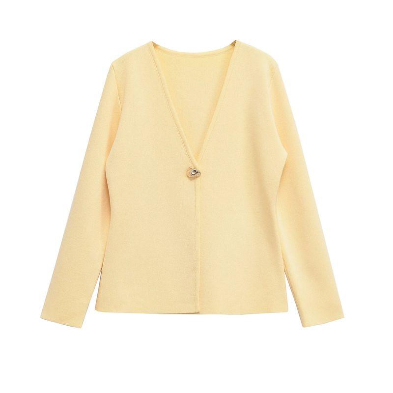 Spring New Women's Clothing French Minority Casual Minimalist Easiest for Match V Neck Long Sleeve Knitted Coat 4192005