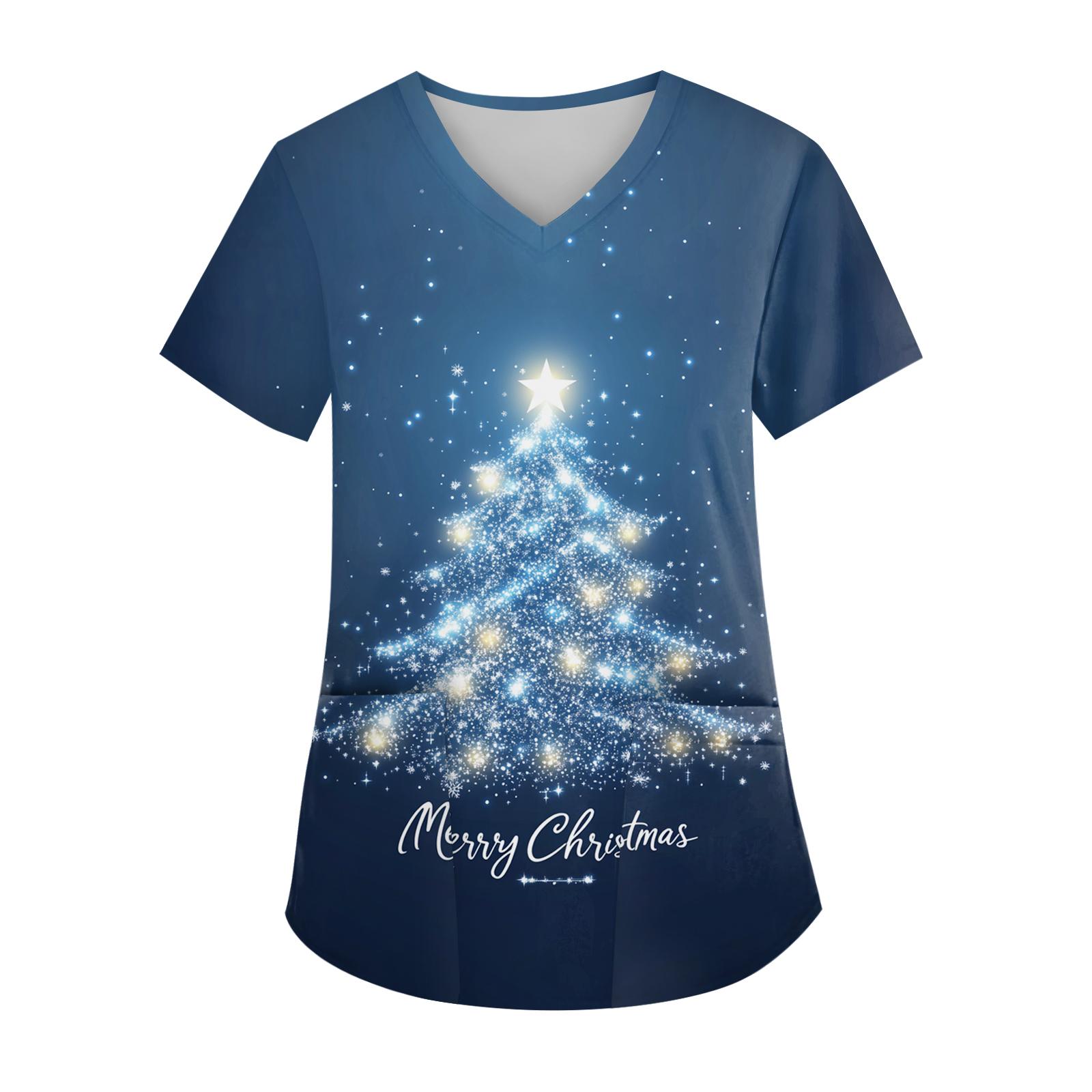 

Women s V-neck Christmas Print Short-sleeved Pocket Side Slit Uniform Top S