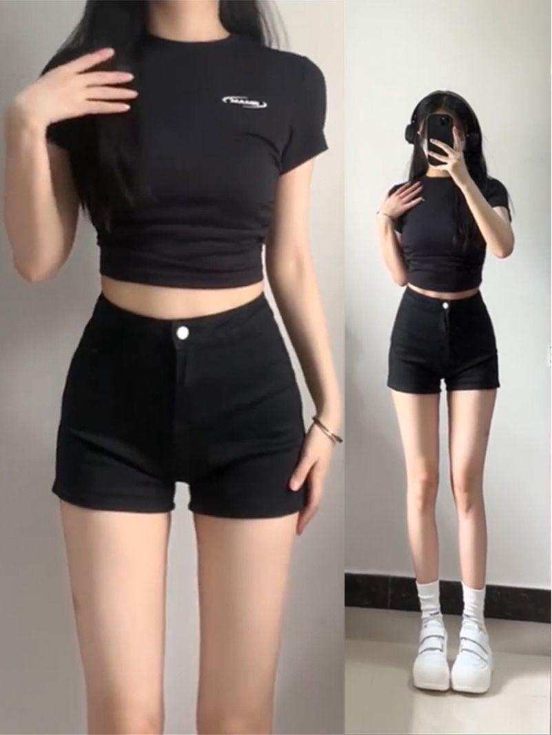 Petite High-Waisted Black Denim Hip-Lifting Shorts - Sexy Spring/Summer 2026 Collection Double Extra Large