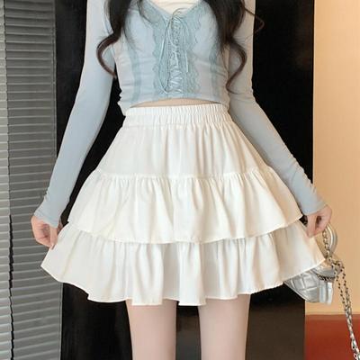 Pleated A-line Cake Skirt for Women Ruffles Sweet Hottie Preppy Style Elastic Waist Slim Casual Summer Shorts Skirts White Black