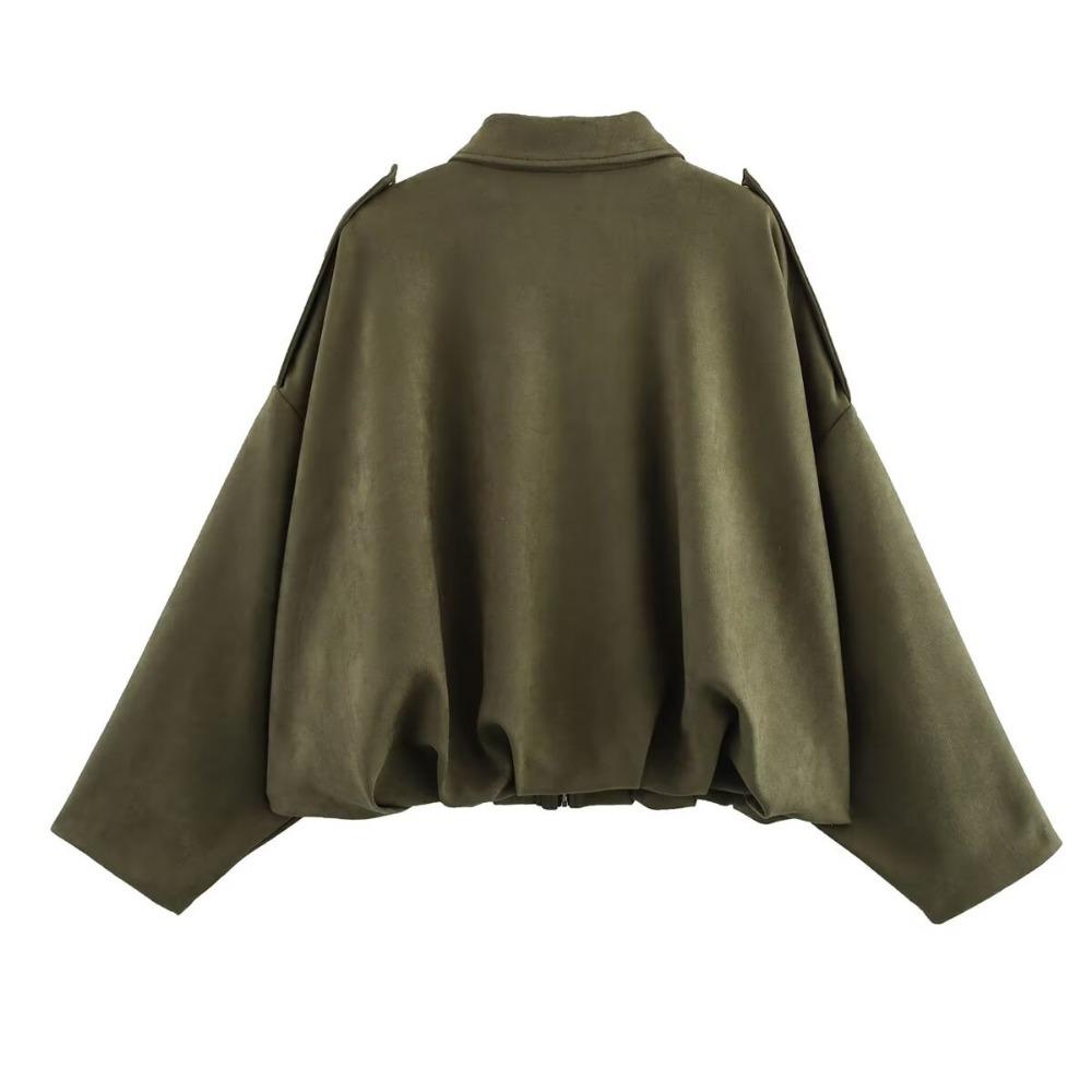Women's Polo Neck Long Sleeve Bomber Jacket Loose Fit Streetwear Outerwear Suede Texture Coat