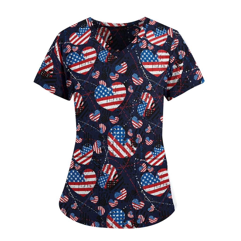 Independence Day Women's casual V-neck Printed Short Sleeve   Tops