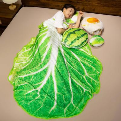 Cartoon Cabbage Watermelon Duck Egg 2-in-1 Flannel Hug Pillow & Nap Blanket