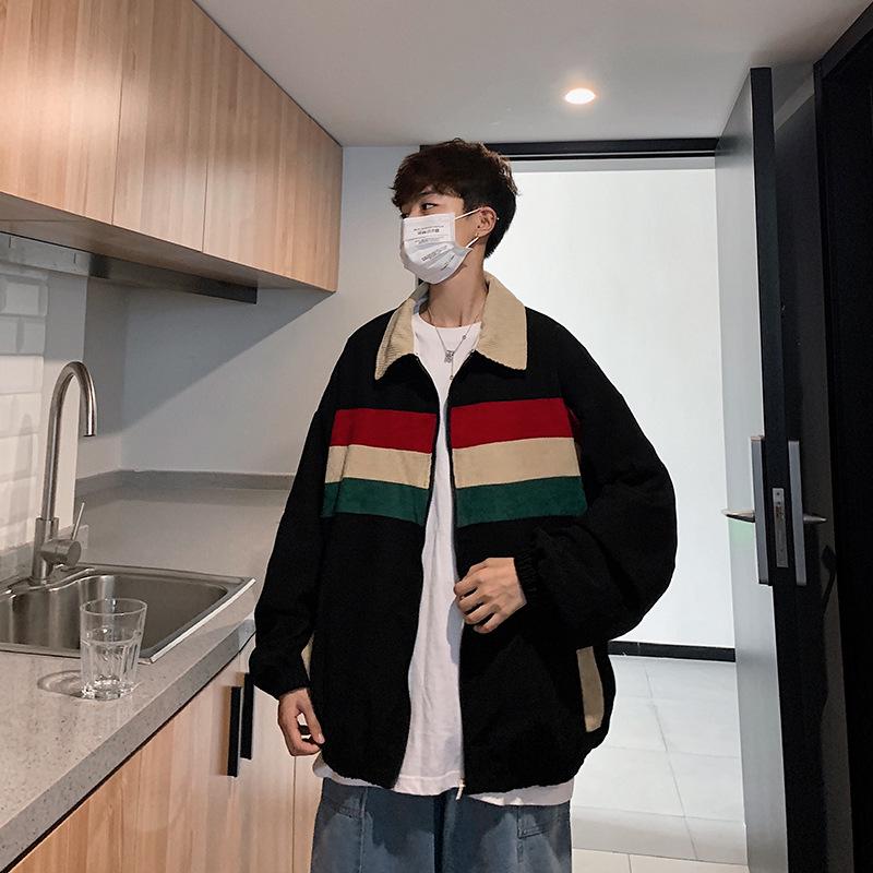 Men's Trendy Korean-Style Corduroy Baseball Jacket - Spring & Autumn, Loose Fit, Contrasting Colors, Casual Hong Kong Style.