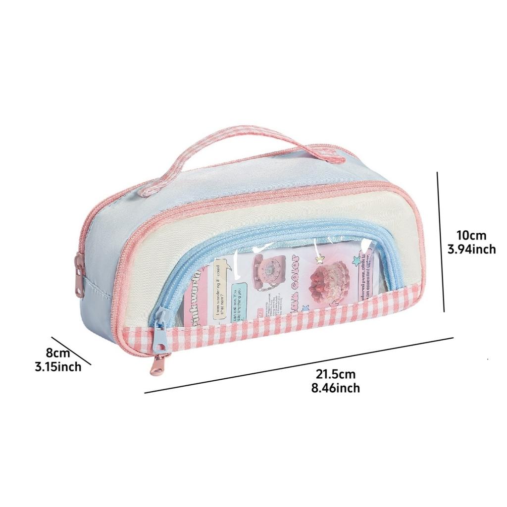 Cute Checkered Window Pencil Case with Handle Multilayer Large Capacity Storage Pouch Contrast Color Design Multi-Function A3224